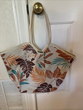 Yves Rocher Cream Canvas Tote with Teal & Rust Leaf Print
